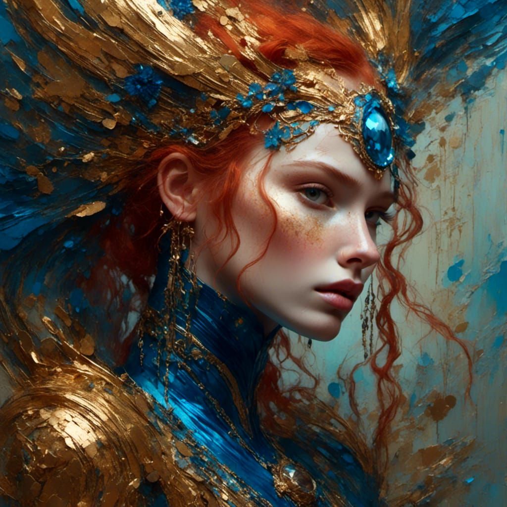 Mystical Woman Portrait with Blue Paint and Gold