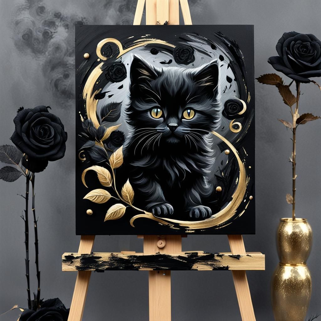 Black Kitten Painting with Gold Highlights in Grunge Style