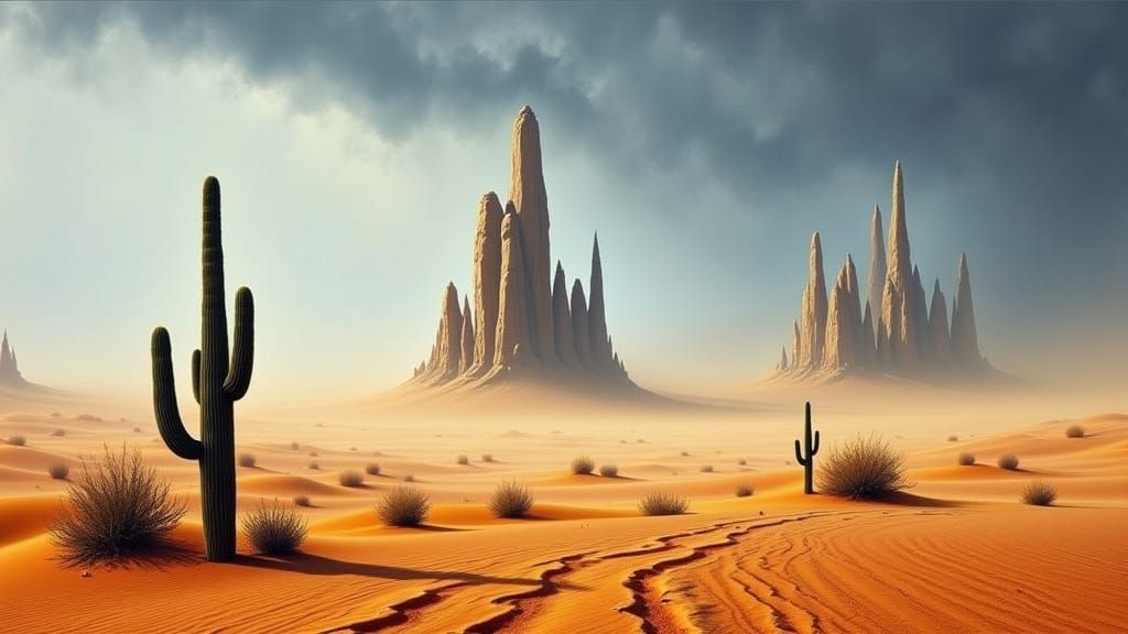 Arid Desert Landscape with Buttes and Dust Storm