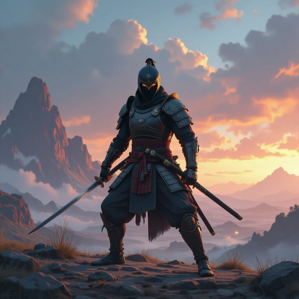 Ninja Warrior in Epic Landscape, Digital Matte Painting