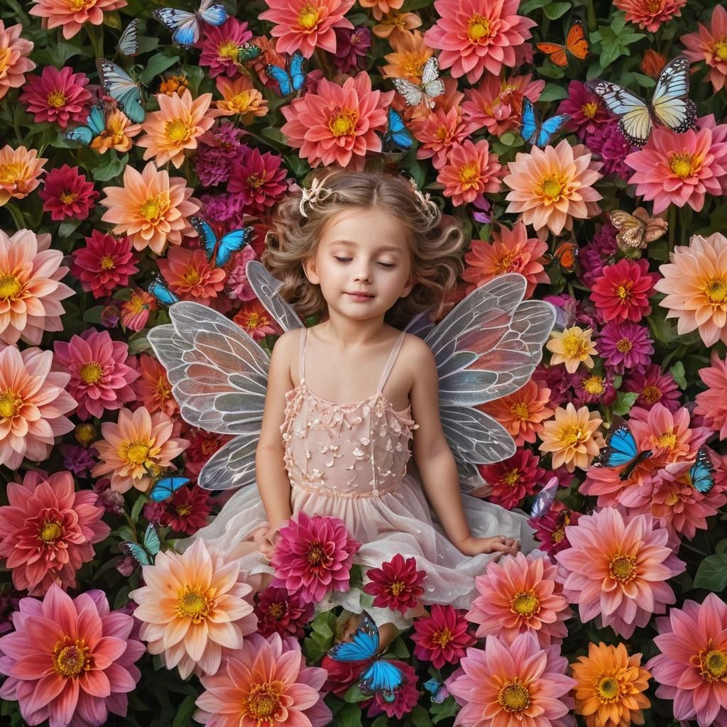 Cute Fairy Wakes in Dahlia Flower Garden