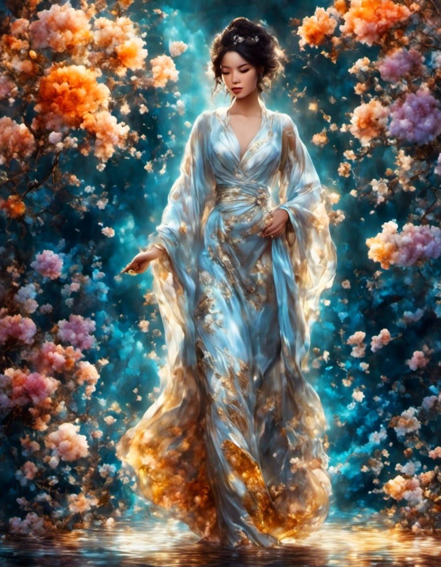 Beautiful Woman with Flowers and Lacquer Inlay