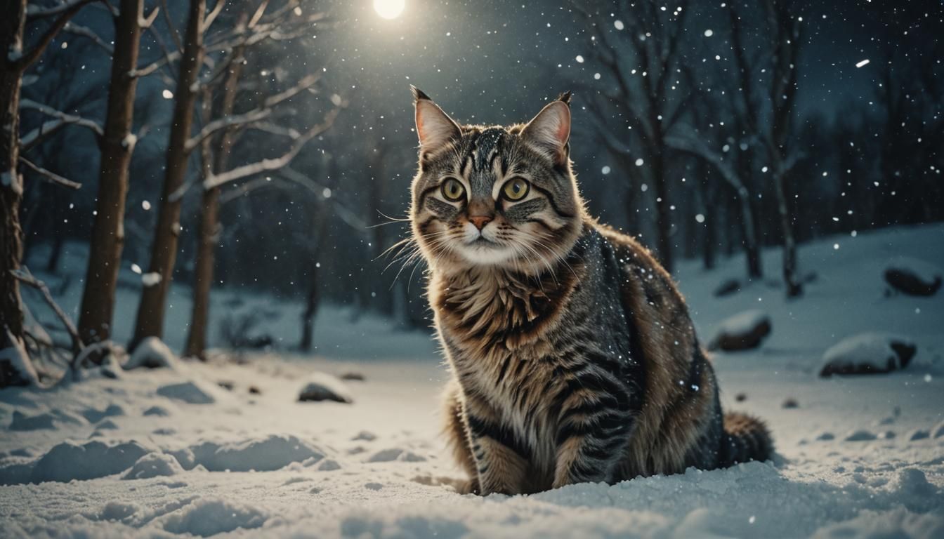 Cinematic Cat in Snow Under Starry Night