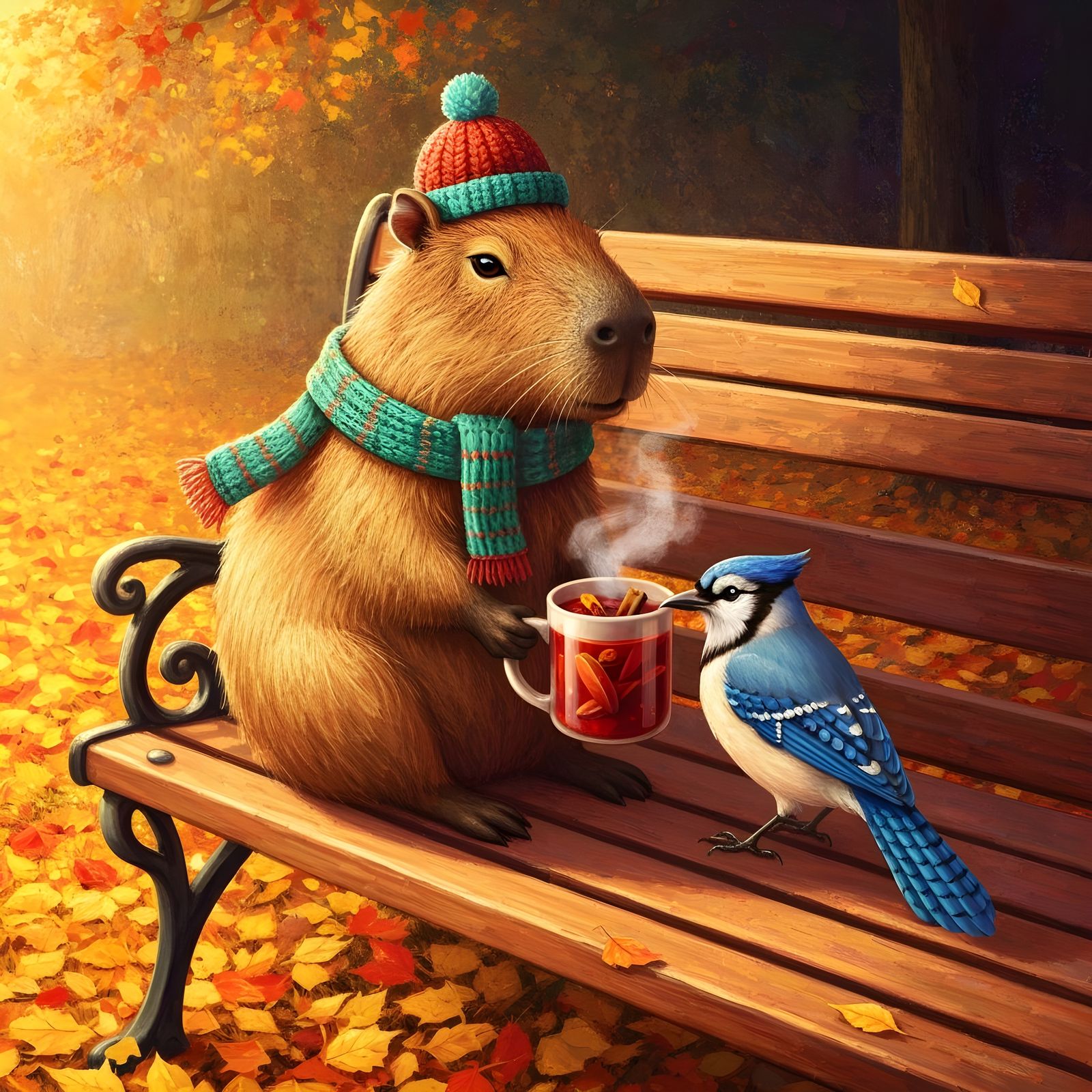 Capybara and Blue Jay Share Cider in Autumn Park