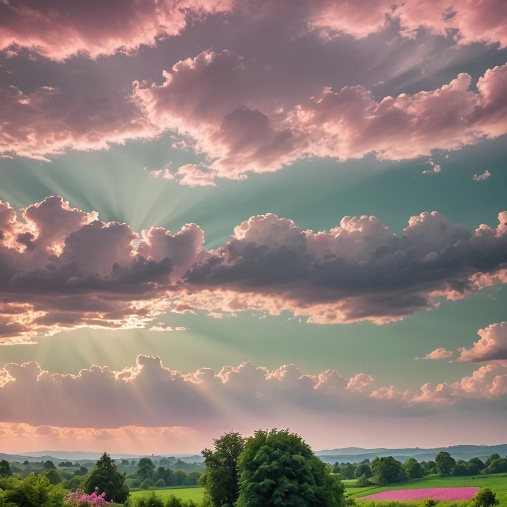 Pink Sky Over Green Landscape