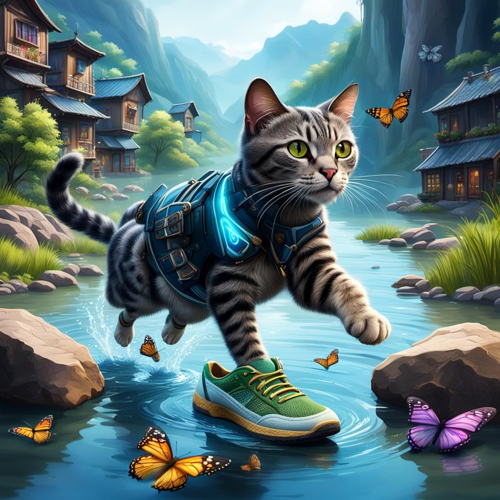 Cat Swimming in River: Realistic Digital Art