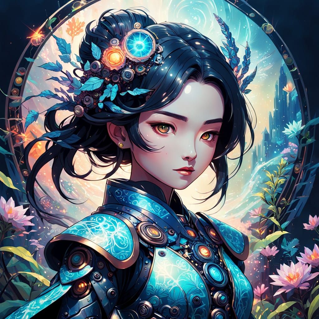 Fantastical Mecha Geisha and Enchanter in a Vibrant, Otherwo...