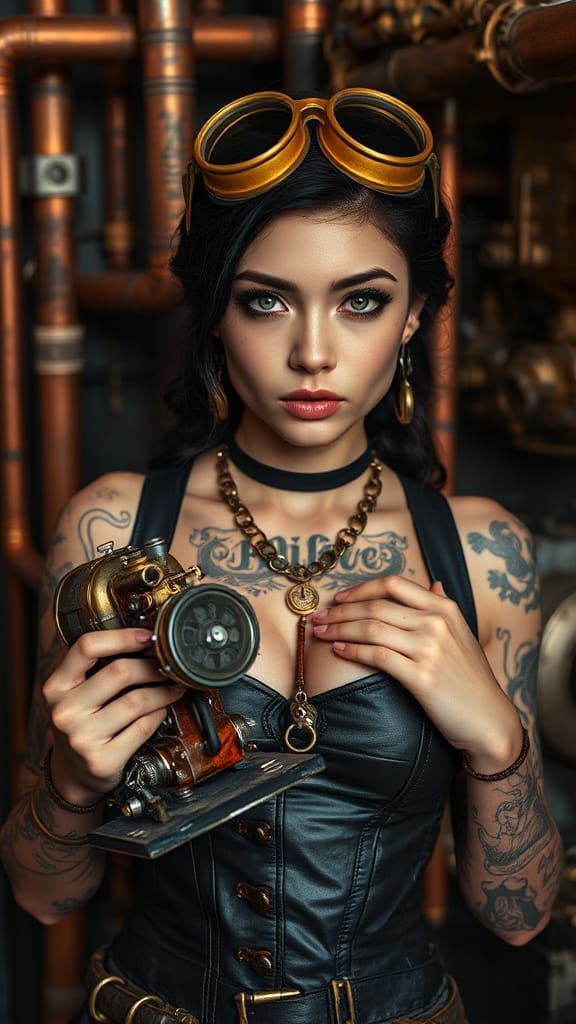 Steampunk Asian Woman with Tattoos and Steam Engine