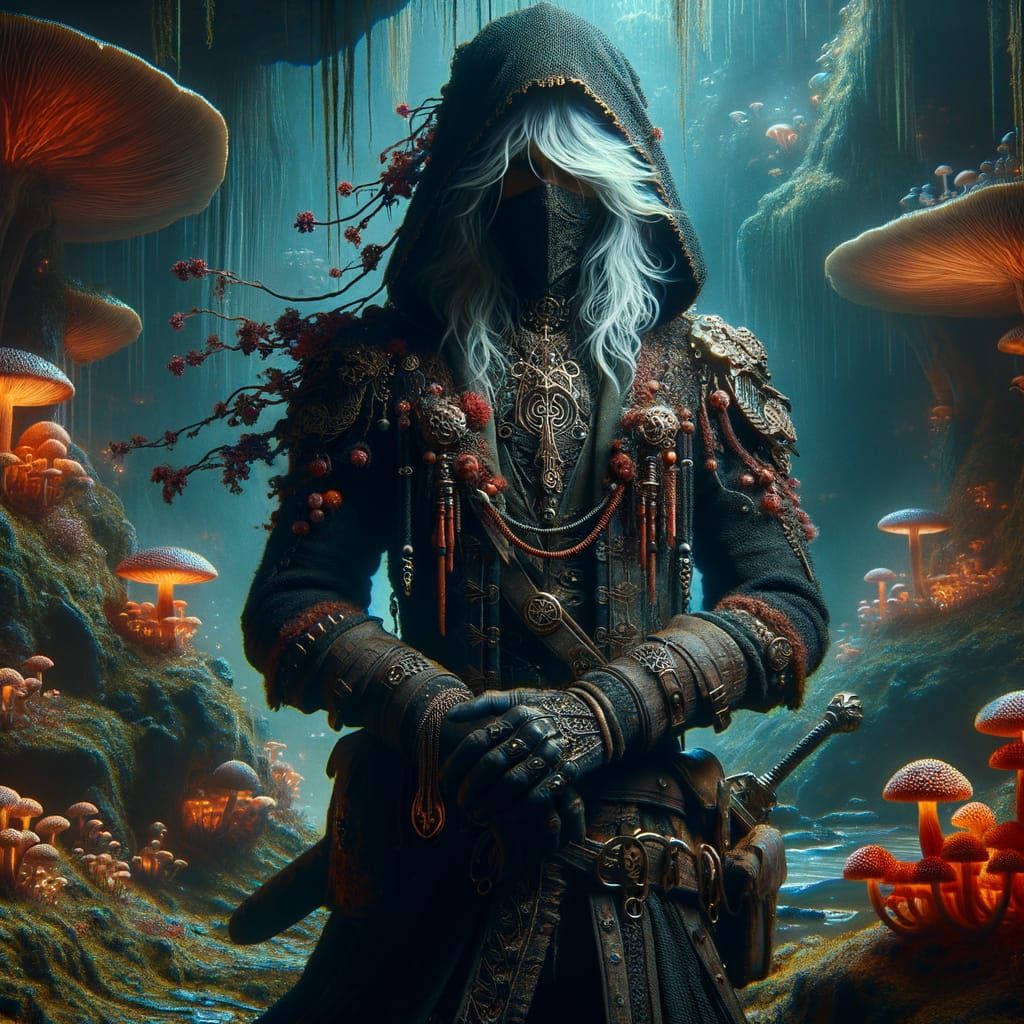 Mystical Drow Rogue in Subterranean Landscape