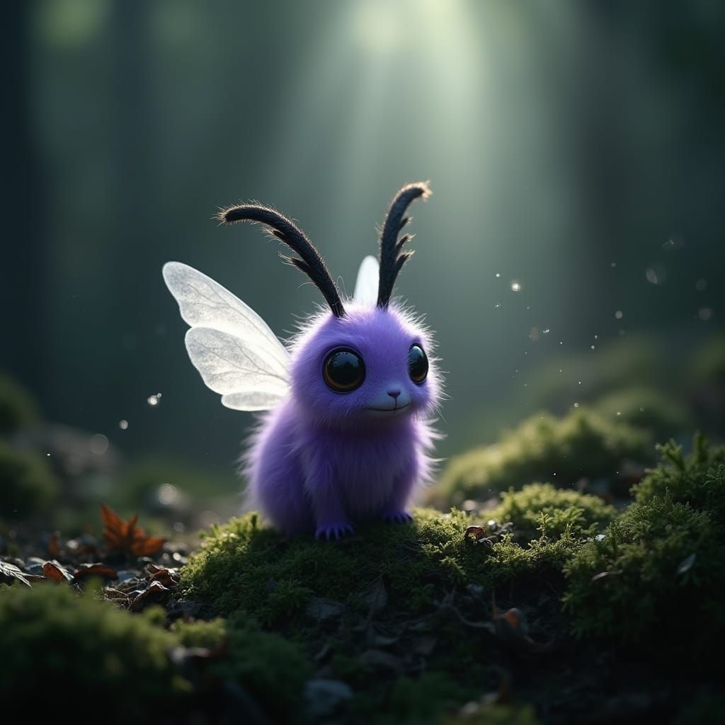 Fluffy Purple Forest Guardian with Glowing Wings