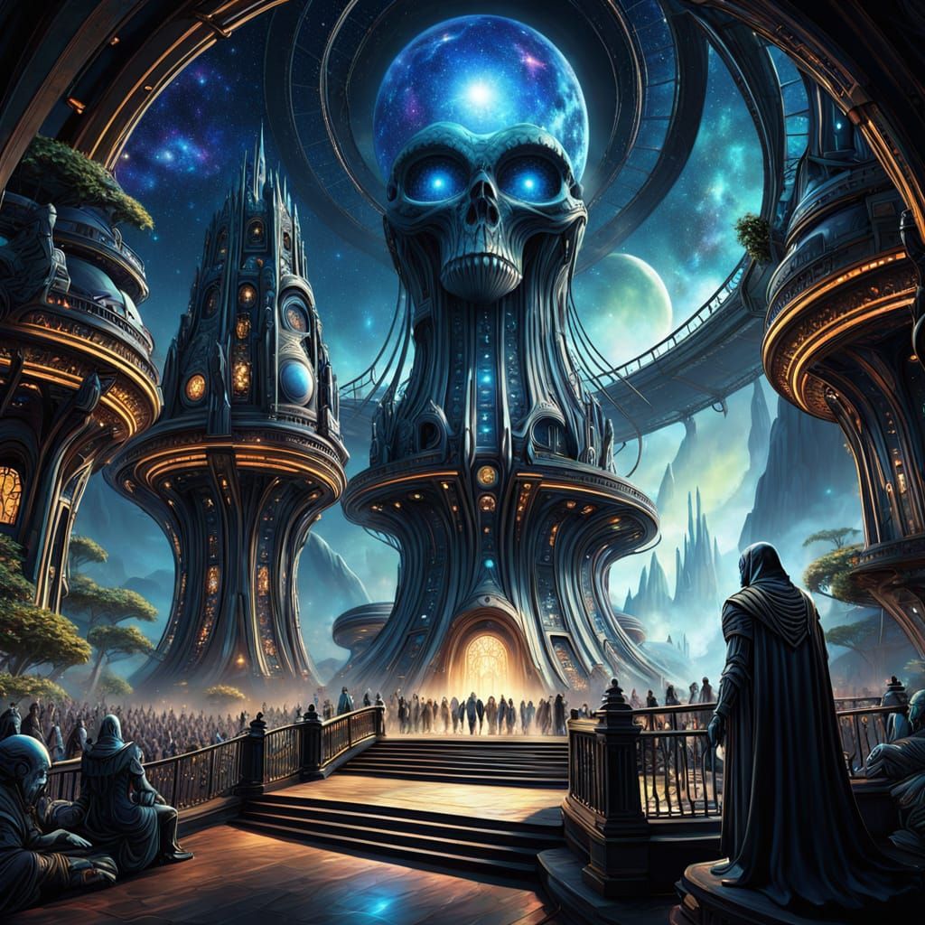 Cyberpunk Space Station with Galactic Theme Park and Rollerc...