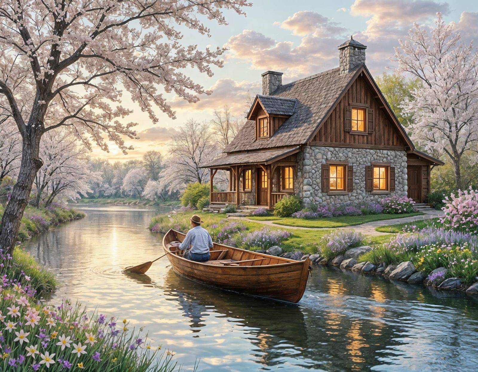 Charming Cottage by River in Spring Bloom as Oil Painting
