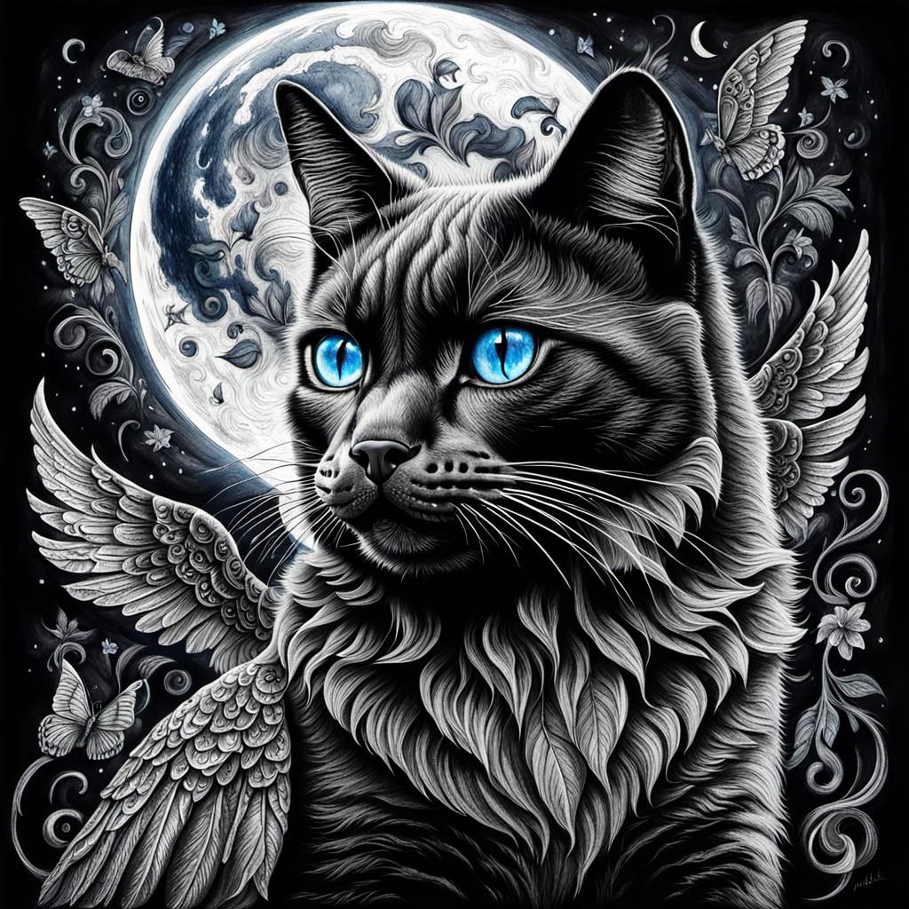 Winged Black Cat with Blue Eyes: Charcoal Drawing