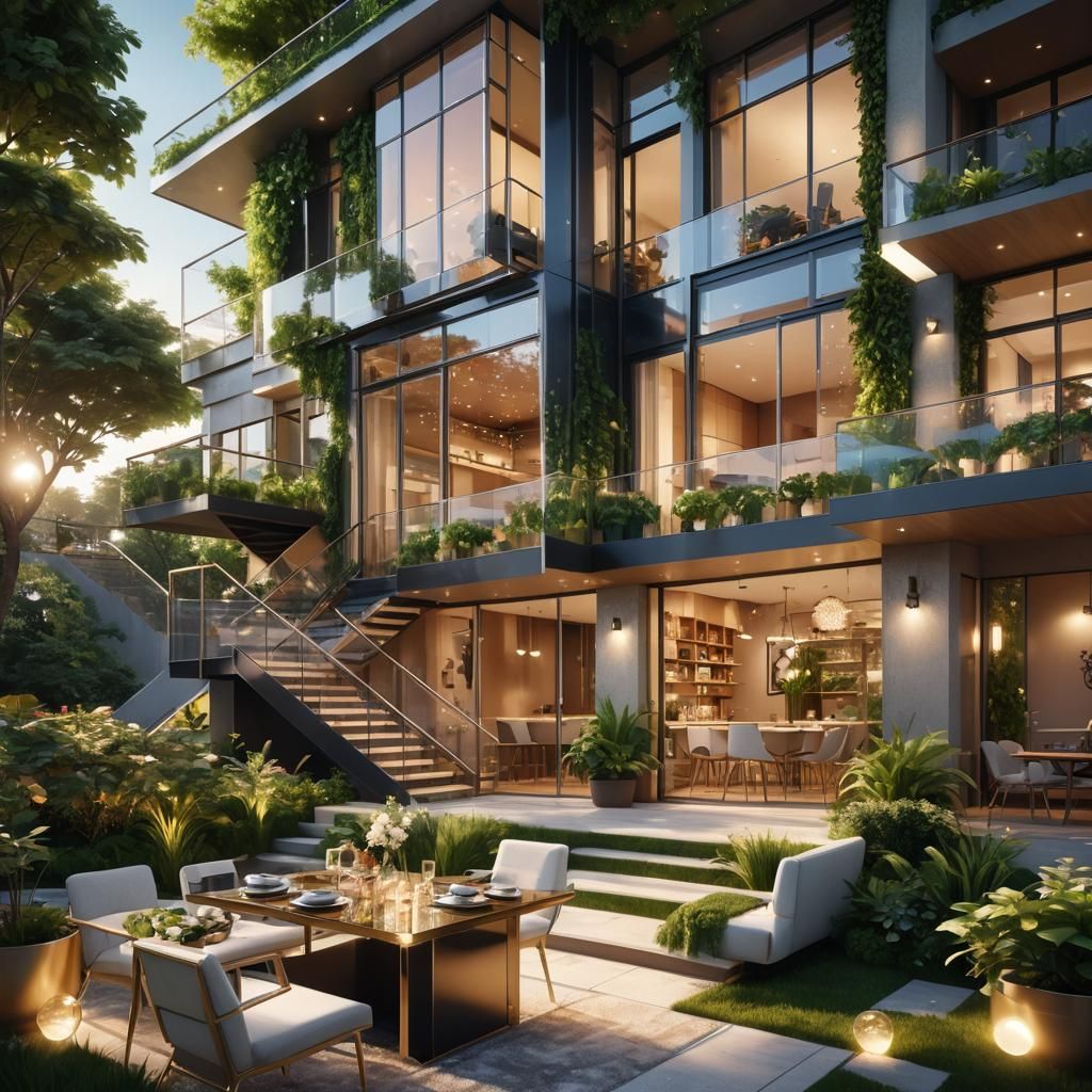 Sleek Glass Duplex in Lush Vertical Garden: 3D Anime Art