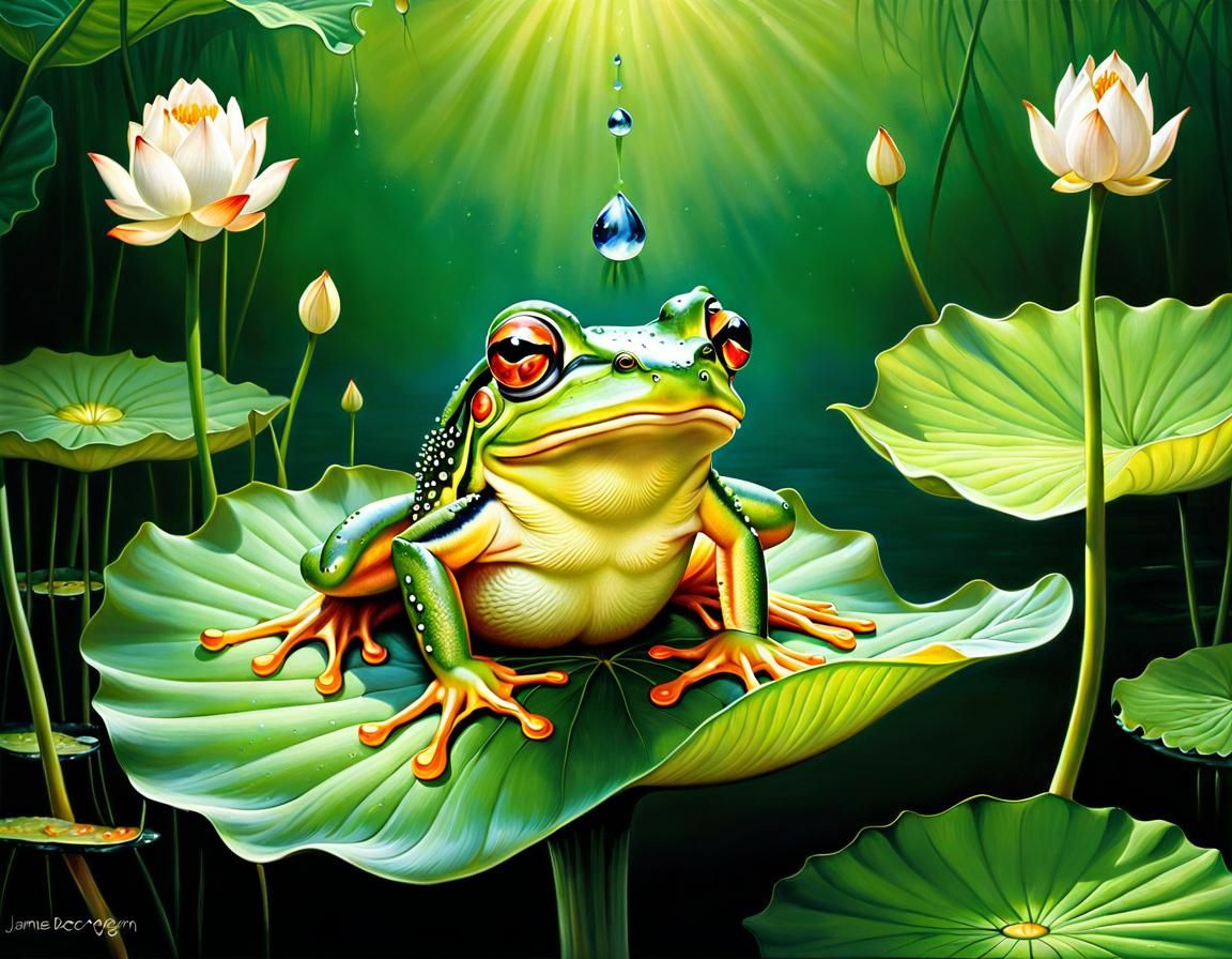 Macro Photography: Funny Green Frog Sitting on a Leaf of Lotus Flower