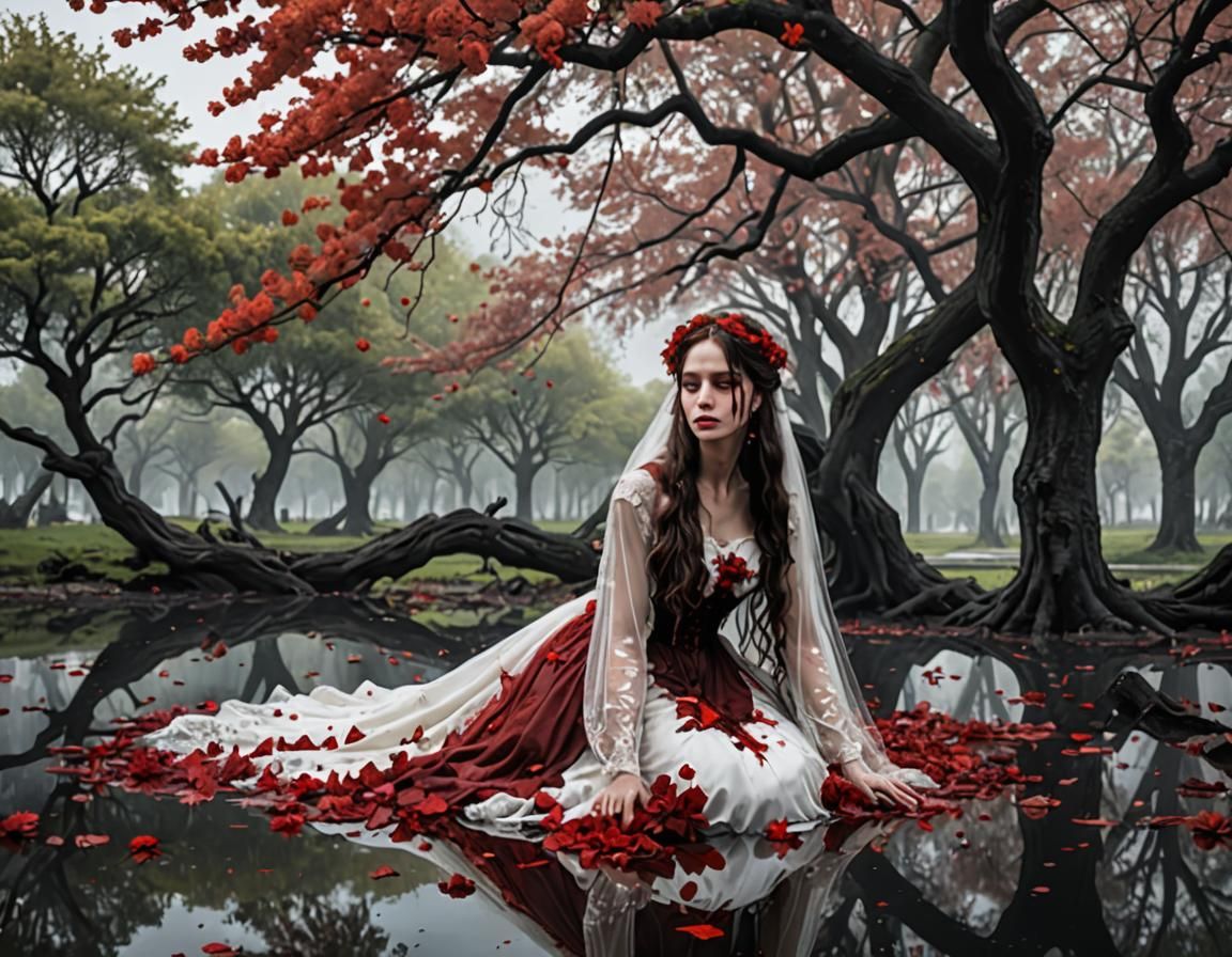 Europe. black plain ground, lonely big tree with bloody red ...