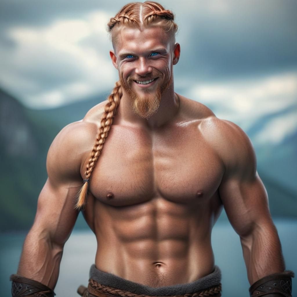 Handsome Viking with Braided Hair and Blue Eyes