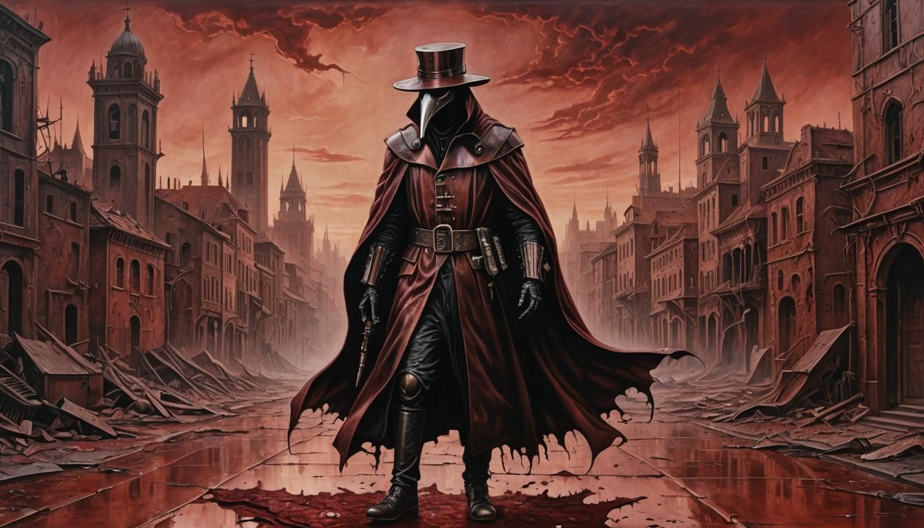 Plague Doctor in Ruined City, Surrealist Oil Painting