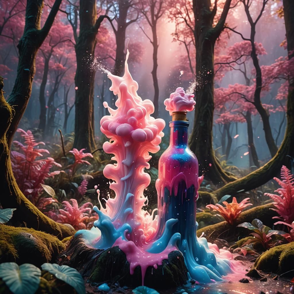 Mystical Forest Eruption: Colorful Fantasy Matte Painting