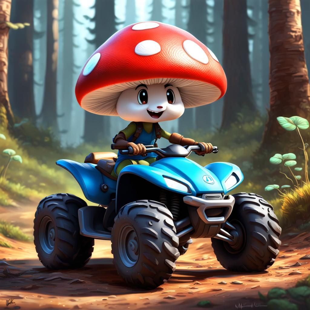 Mushroom Rider on Toy ATV in Pixar Style