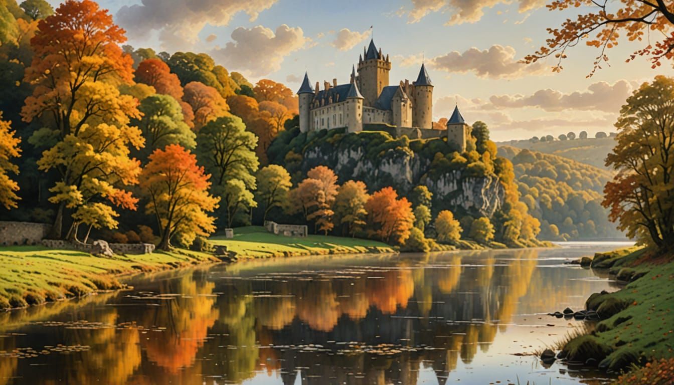 Medieval Castle in Golden Autumn Dordogne Landscape
