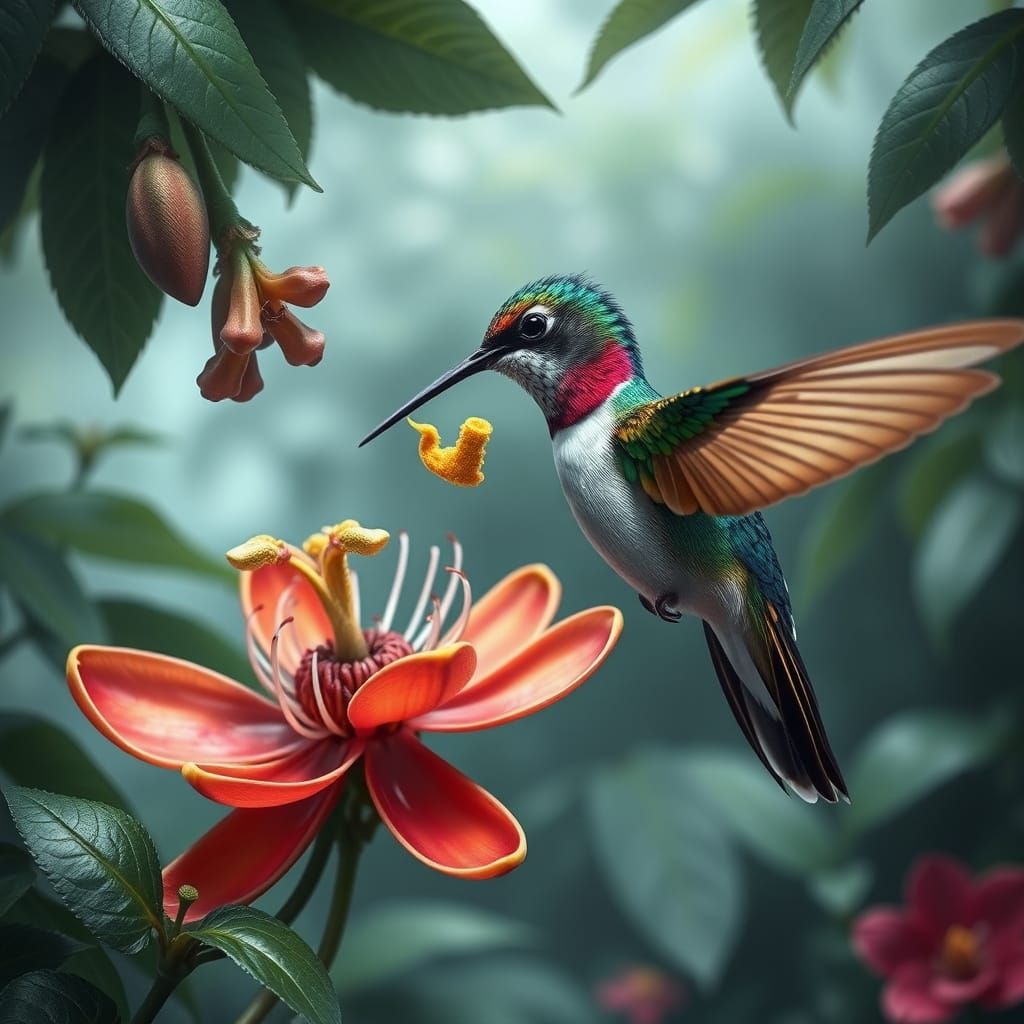 Hummingbird Sipping Nectar in Misty Cloud Forest