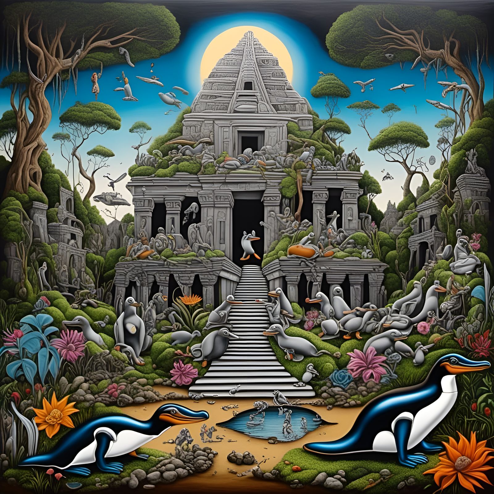 Surreal Mayan Temple in Jungle Flower Garden
