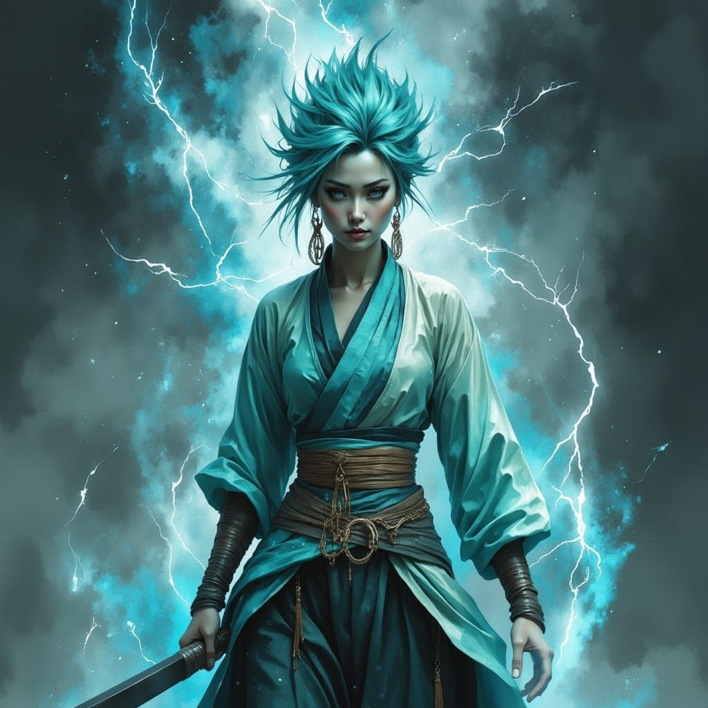 Teal-Haired Air Genasi in Water-Ink Style