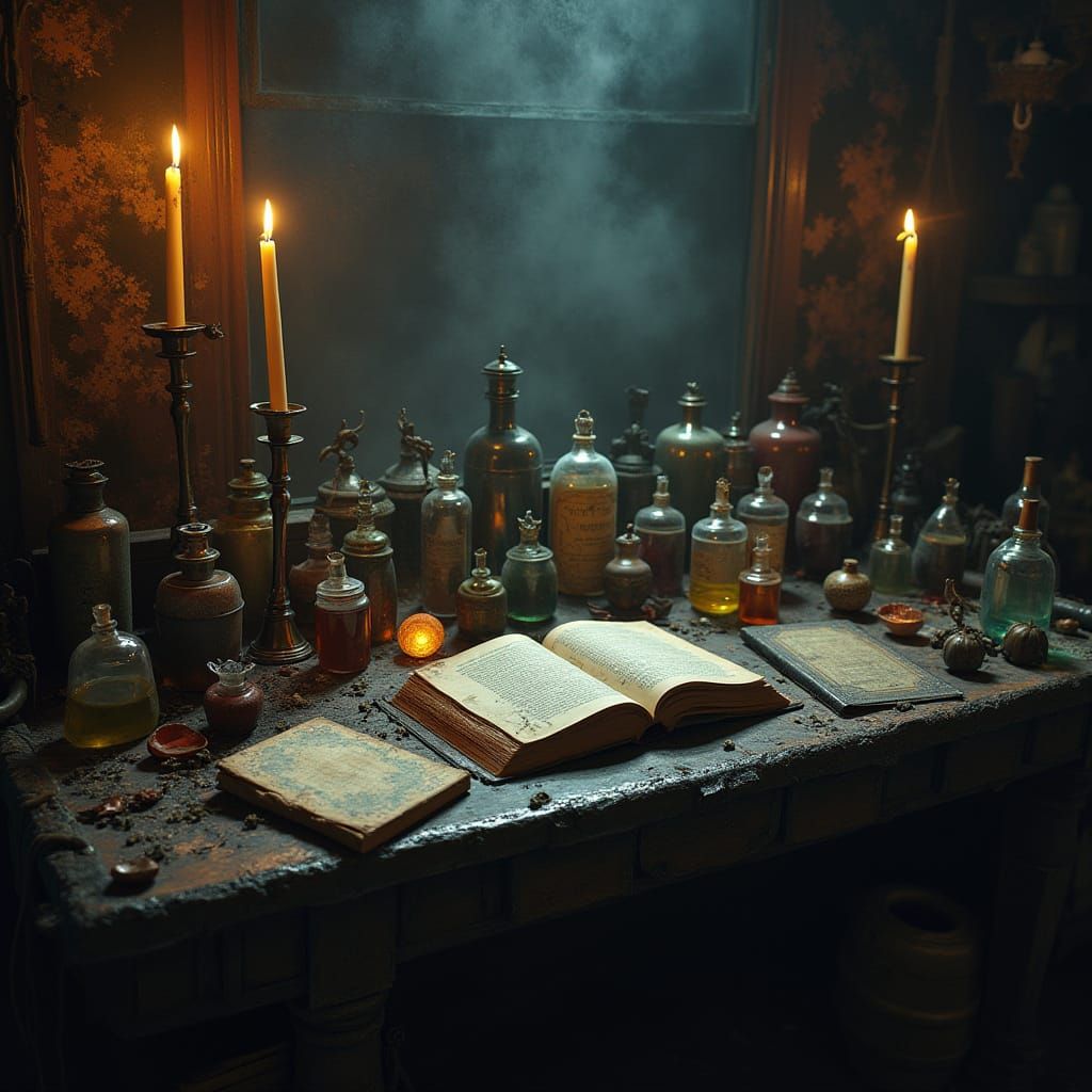 Mystical Workbench with Potions and Tomes