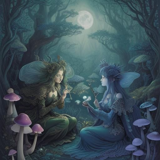 Catfolk Ranger in Moonlit Forest, Art Nouveau Style