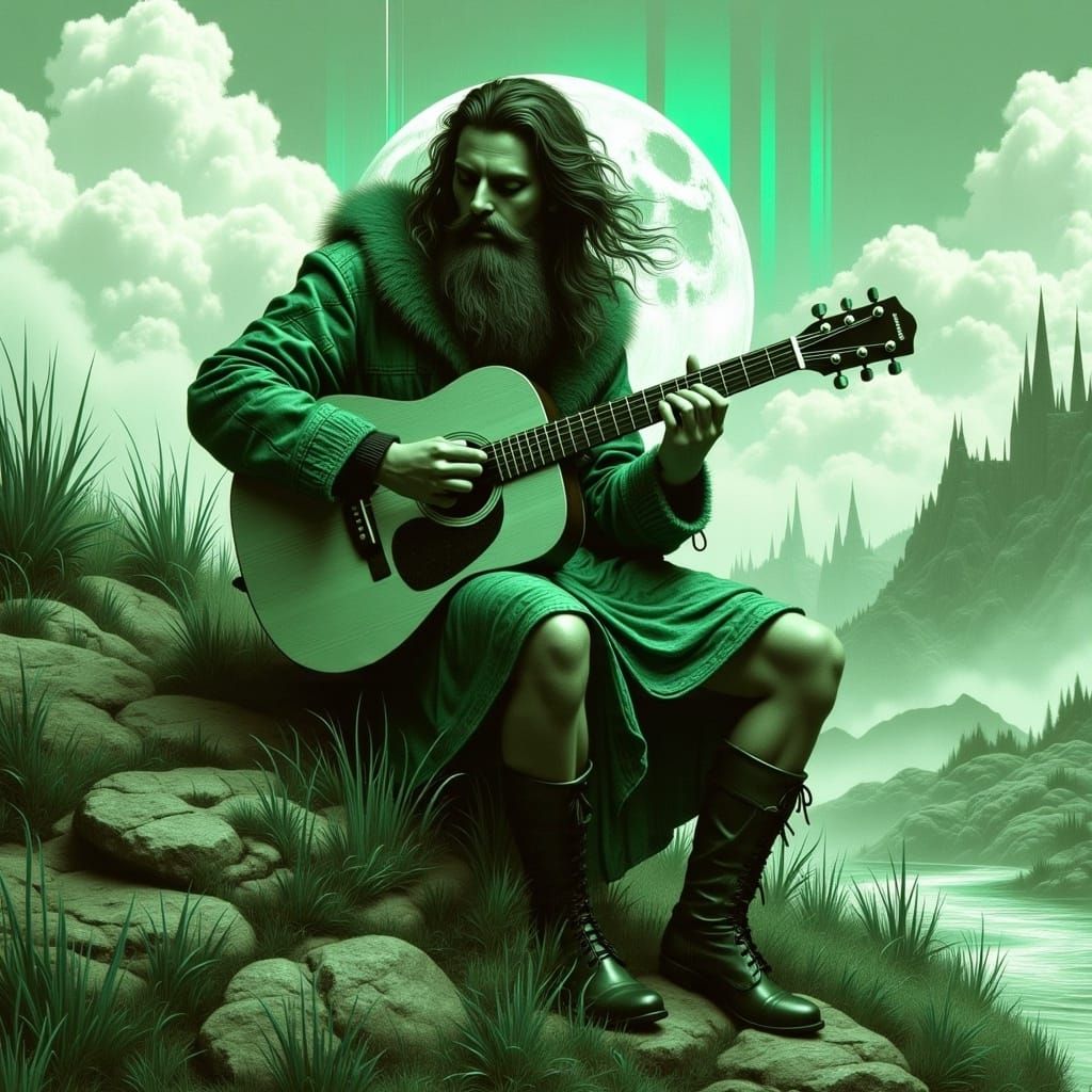 Highlander Warrior Plays Guitar on Windswept Hillside