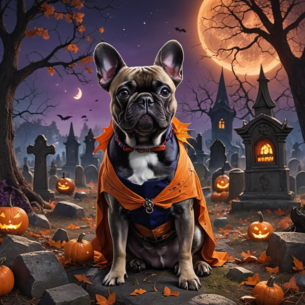 Halloween Bulldog in Graveyard: Dark Fantasy Concept Art