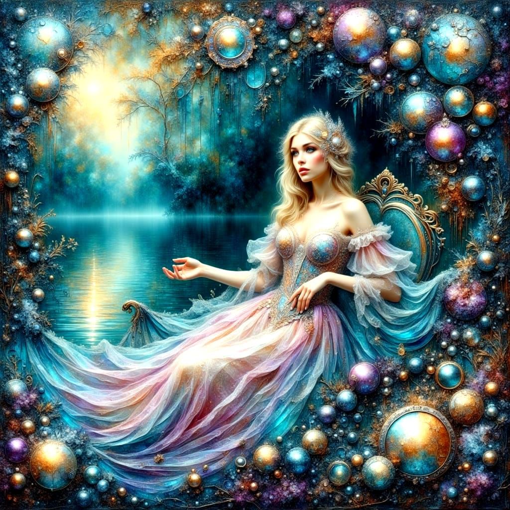 Lady of the Lake in Ethereal Art Nouveau Dreamscape with Iri...