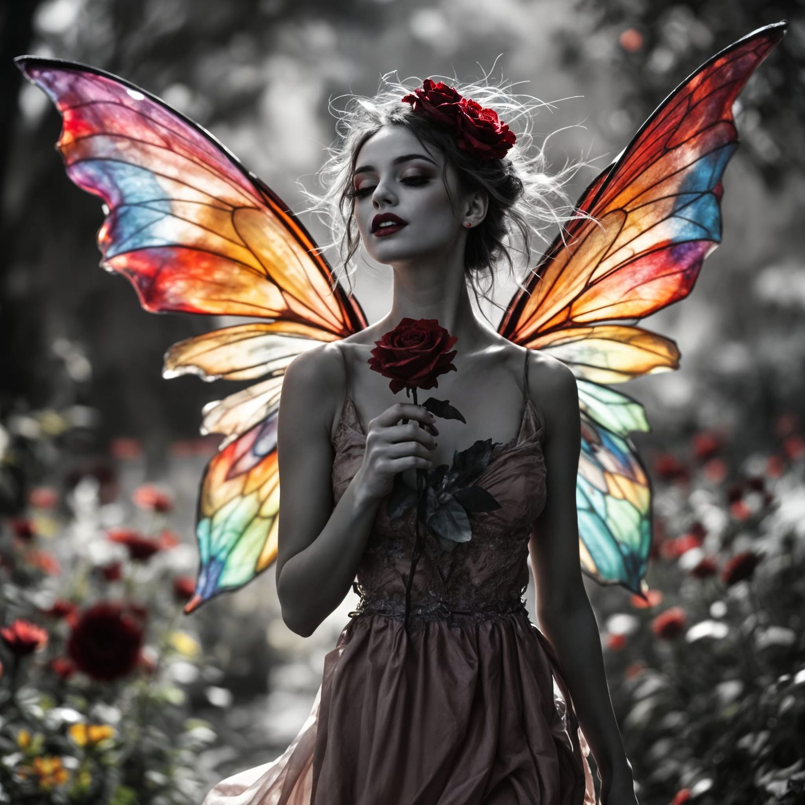 Ethereal Fairy in Silken Gown Strolls through a Sunlit Lands...