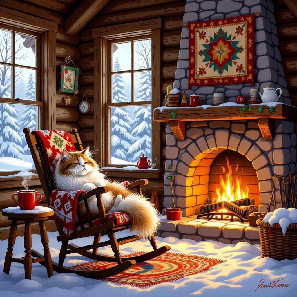 Cozy Cabin Scene with Cat in Digital Art Style