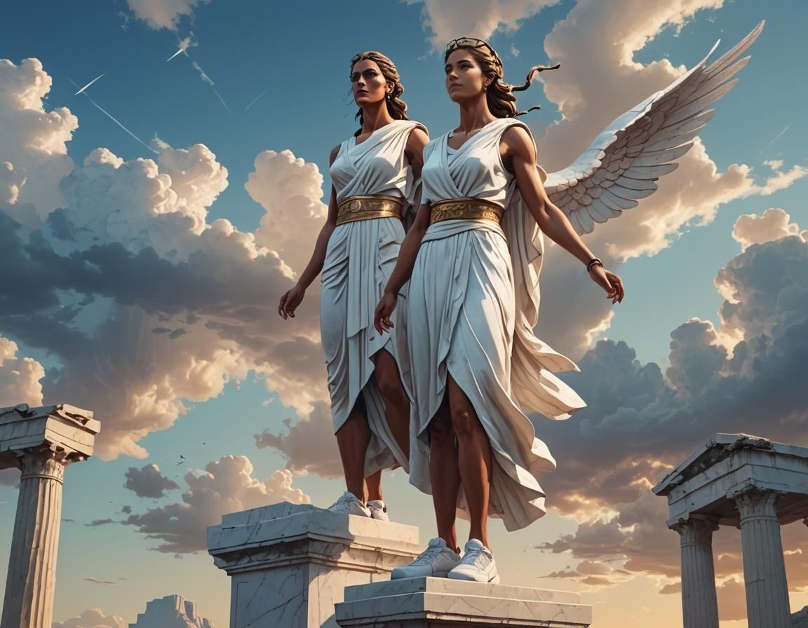 Greek Goddess Nike Wearing Sneakers: Hyperrealistic Art