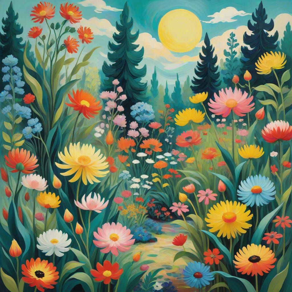 Surreal Garden Scene in Impasto Technique