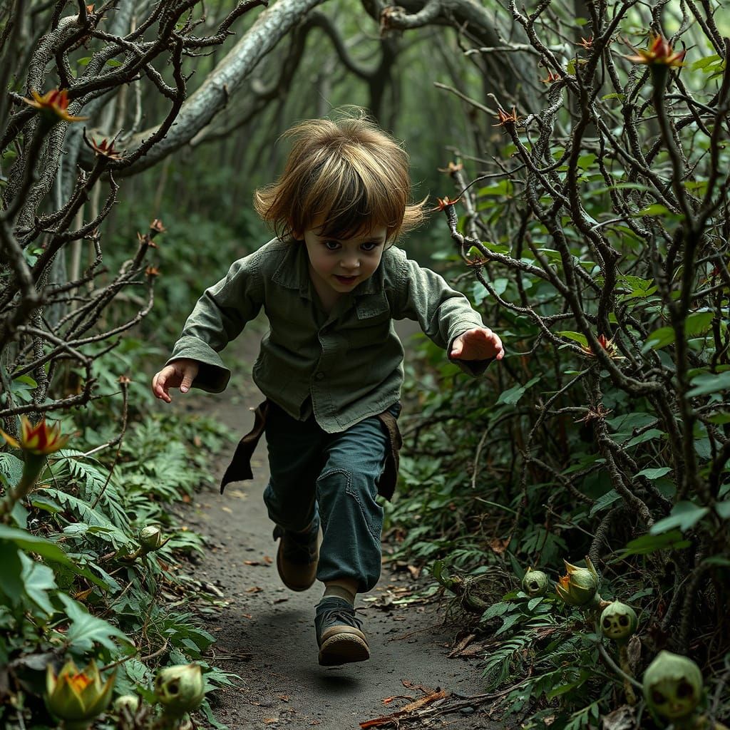Child's Escape from a Gothic Biohorror Garden