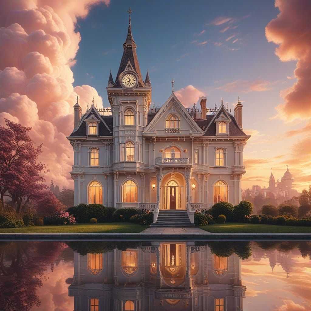 Victorian Mansion Floating in Pastel Clouds at Sunset