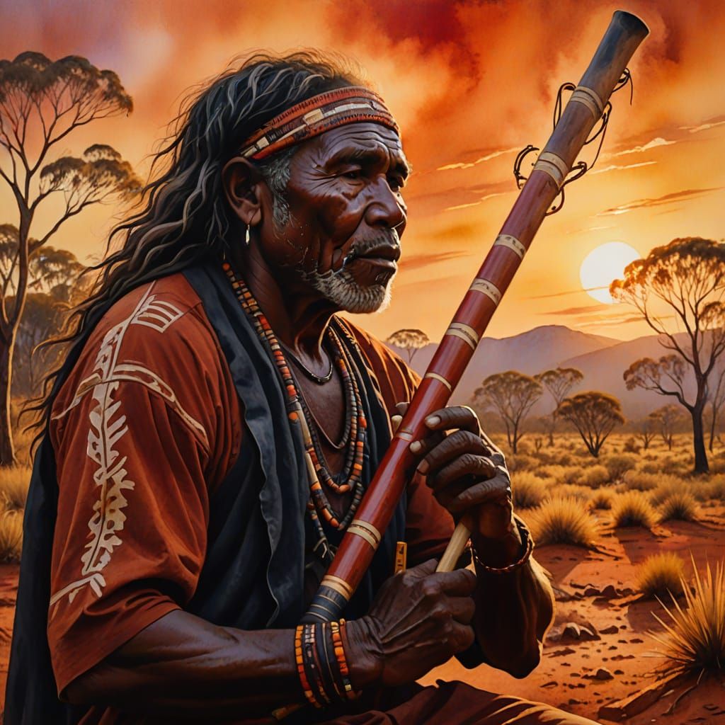 Aborigine Plays Didgeridoo in Outback Watercolour