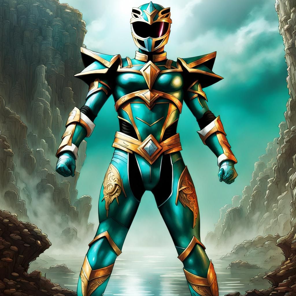 Battle-Worn Teal Power Ranger in Anime Style