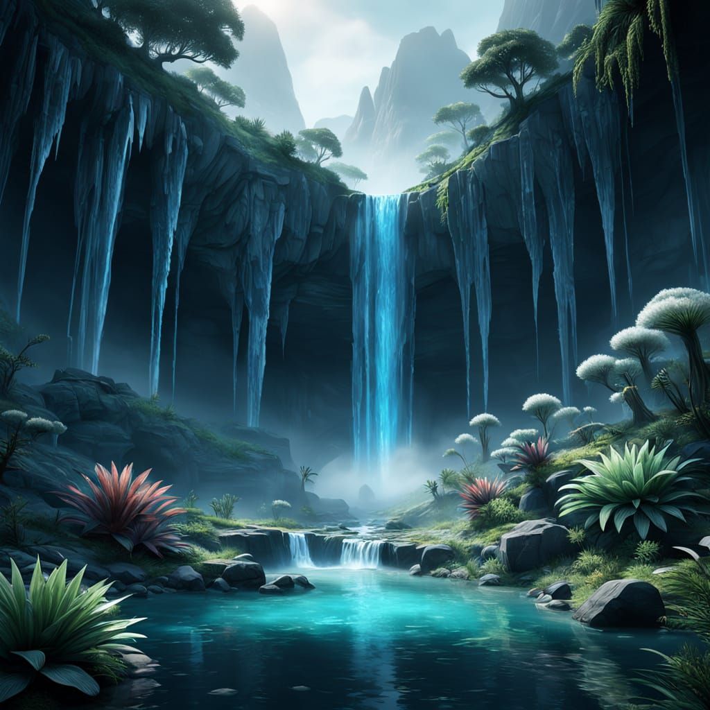 Bioluminescent Waterfall on Alien Planet, Hyperrealistic