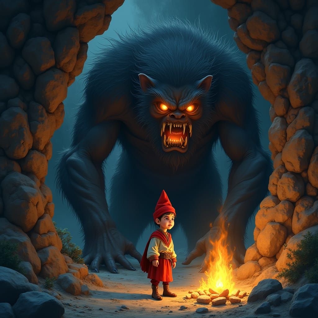 Brave Boy Stands Tall Against Giant in Dark Cave Scene