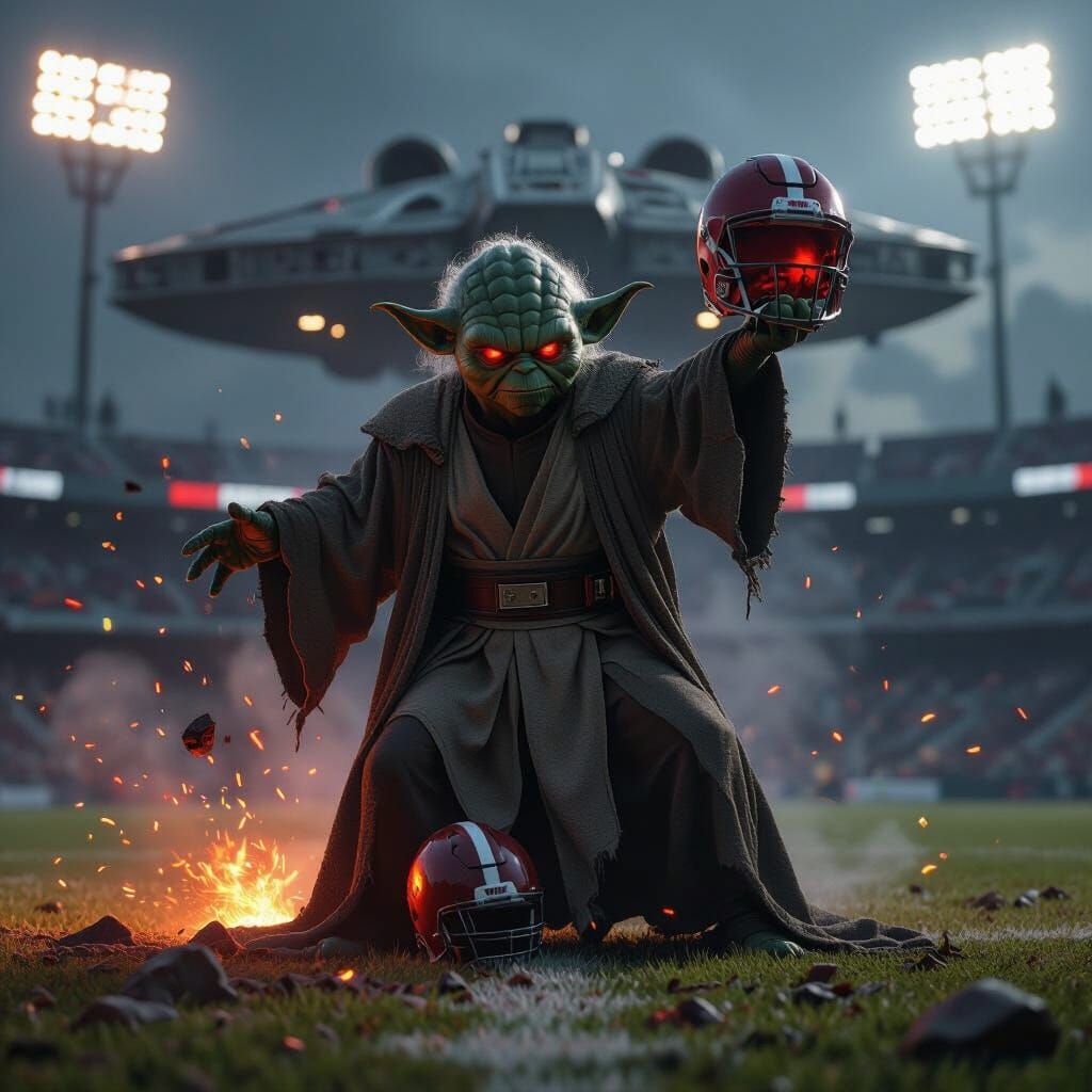 Dark Yoda Victorious on Ravaged Football Field