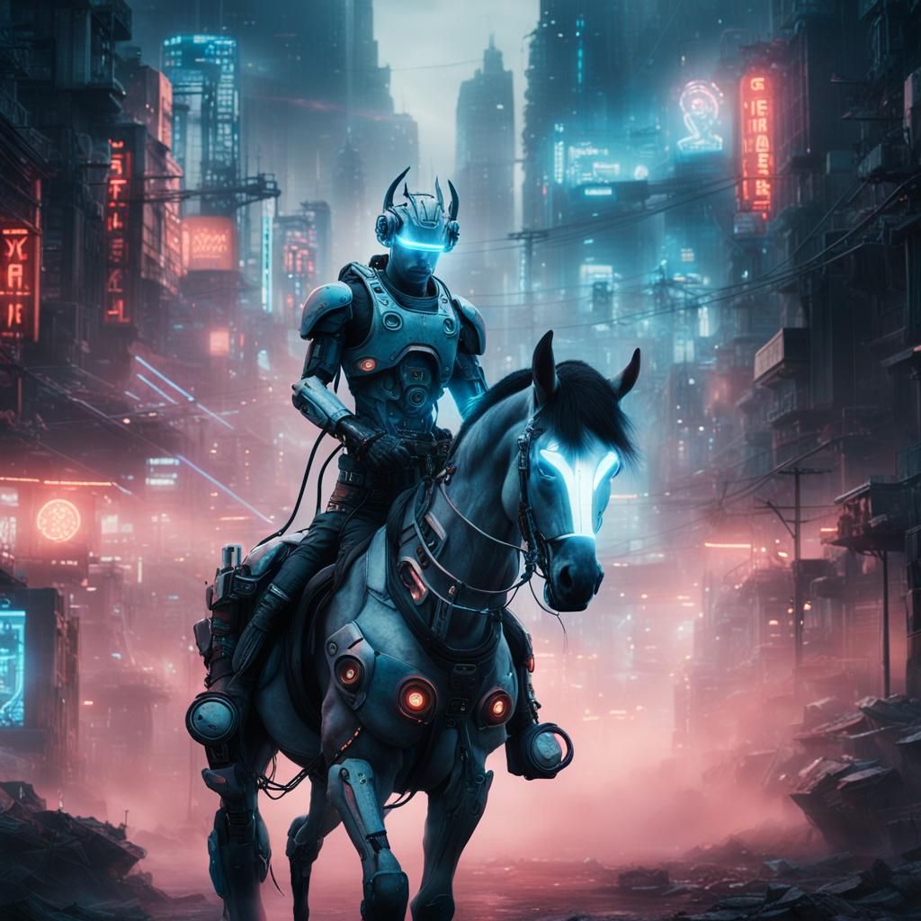 Cyborg Centaur in Neon Cyberpunk Cityscape