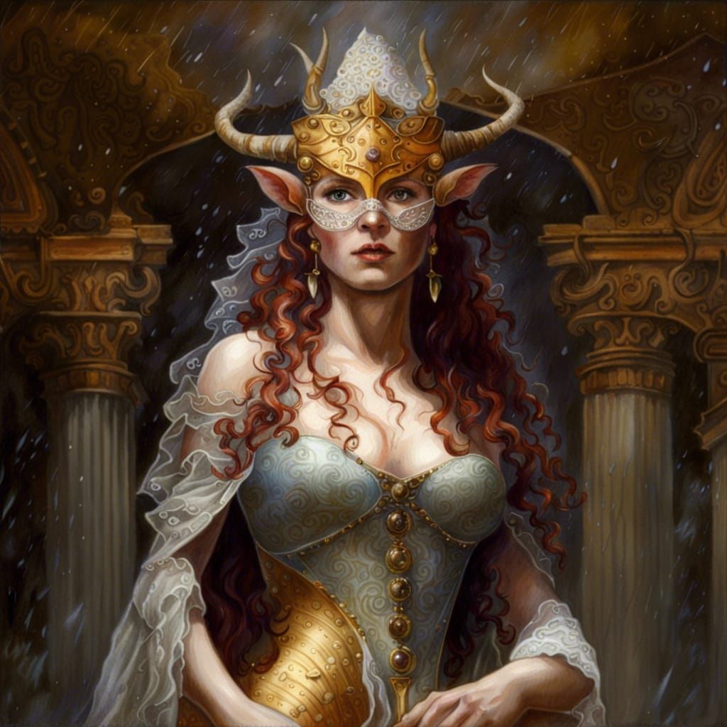 Red-Headed Horned Goddess in a Storm, Watercolor Style