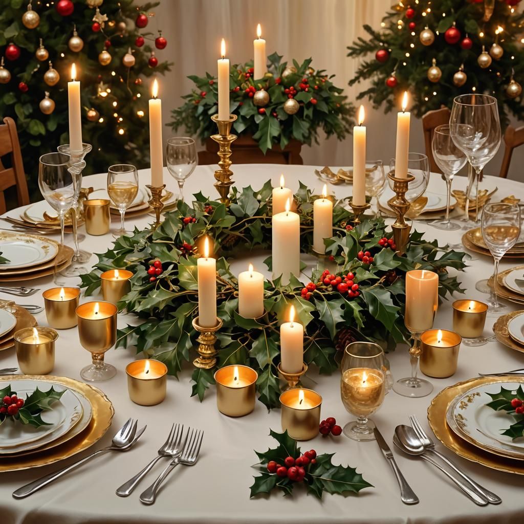 Festive Christmas Table with Holly Wreath Centerpiece