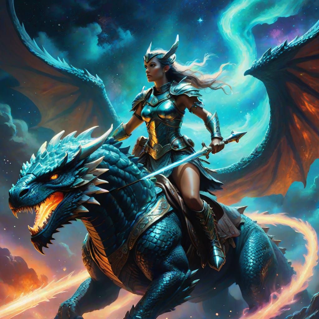 Valkyrie on Bioluminescent Dragon Soaring Through Nebula