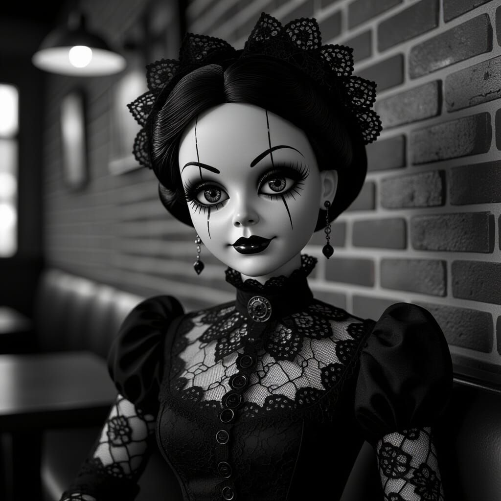 Goth Ventriloquist Dummy Portrait in Moody Film Style