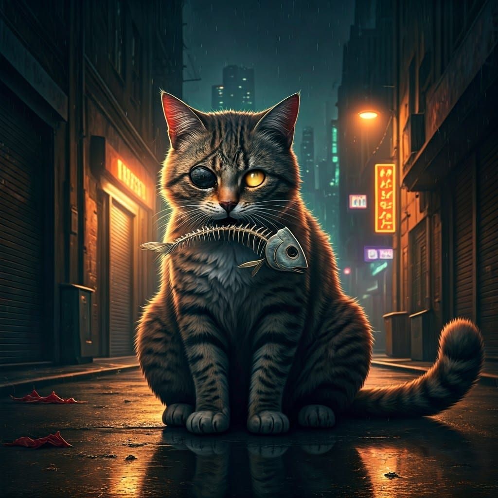 Battle-Scarred Alley Cat with Fish Skeleton